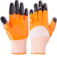 Перчатки нейлон с двойным нитриловым покрытием оранжеквые с черными пальцами N06 /12шт/АПИ