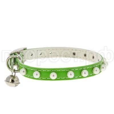 Ошейник синтетик 10мм двойной прошитый с жемчугом и бубенчиком зеленый 30см/00210111-05 Ошейник синтетик 10мм двойной прошитый с жемчугом и бубенчиком зеленый 30см/00210111-05