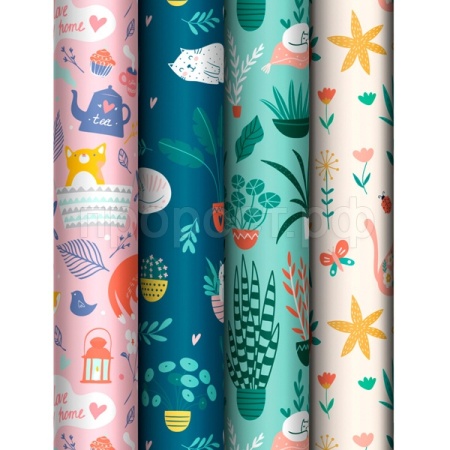Упаковочная бумага 70*100см "Cozy home" 80г/м2 глянц. ассорти 4 дизайна MESHU /372630/Рельеф